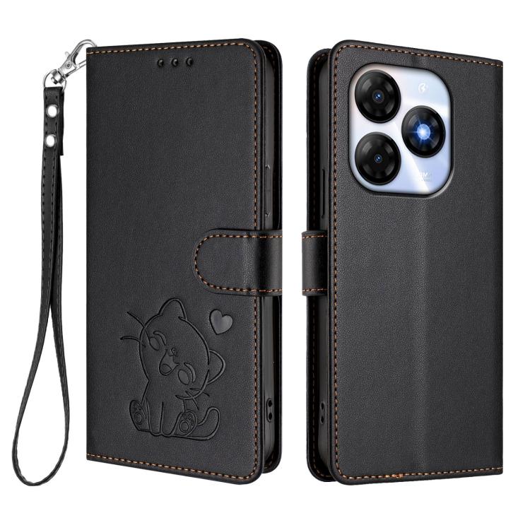 For Itel P55 4G / Smart 8 Embossed Heart Cat Leather Phone Case with Hand Strap