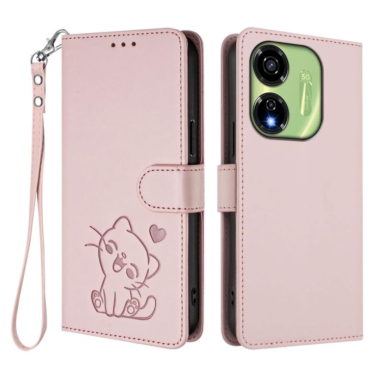 For Itel P55 5G Embossed Heart Cat Leather Phone Case with Hand Strap