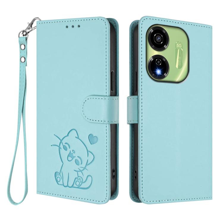 For Itel P55 5G Embossed Heart Cat Leather Phone Case with Hand Strap