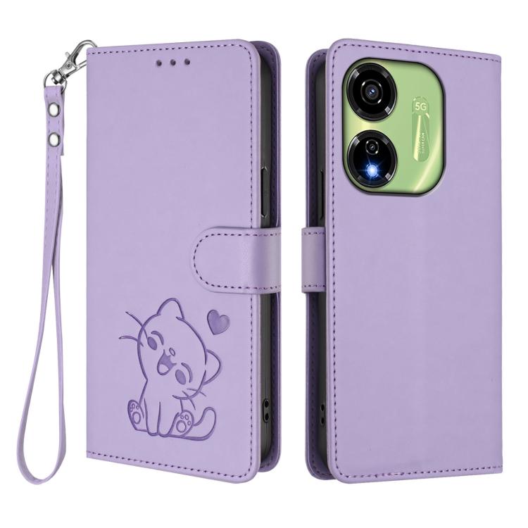 For Itel P55 5G Embossed Heart Cat Leather Phone Case with Hand Strap