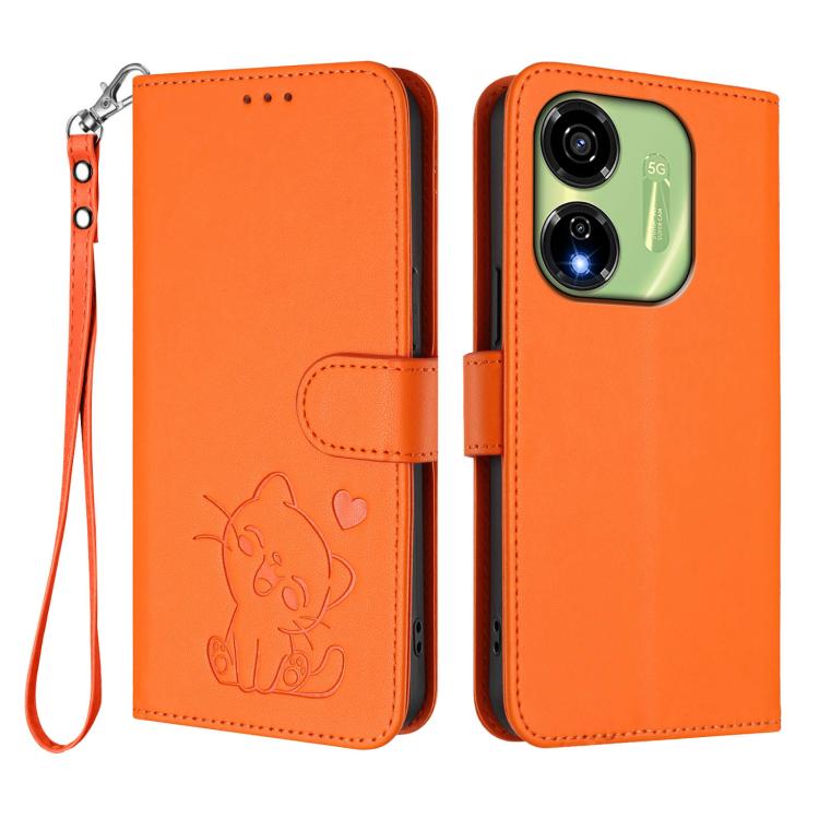 For Itel P55 5G Embossed Heart Cat Leather Phone Case with Hand Strap