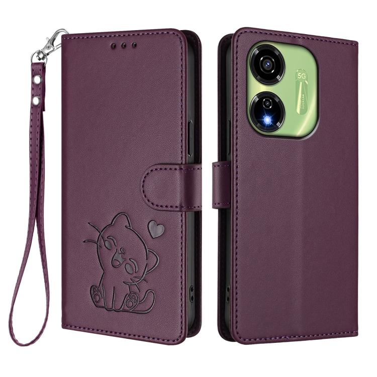 For Itel P55 5G Embossed Heart Cat Leather Phone Case with Hand Strap