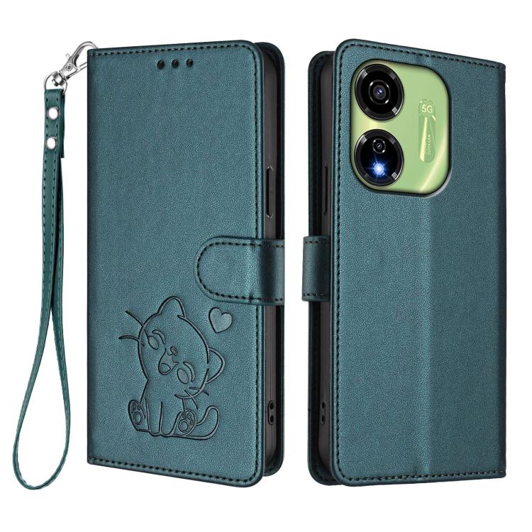 For Itel P55 5G Embossed Heart Cat Leather Phone Case with Hand Strap