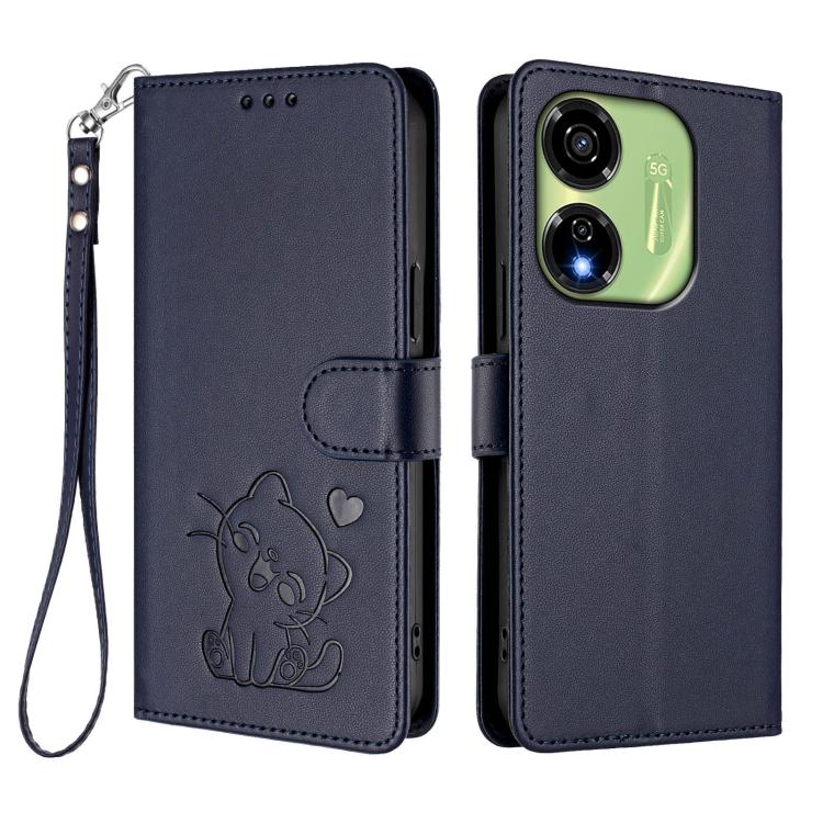 For Itel P55 5G Embossed Heart Cat Leather Phone Case with Hand Strap