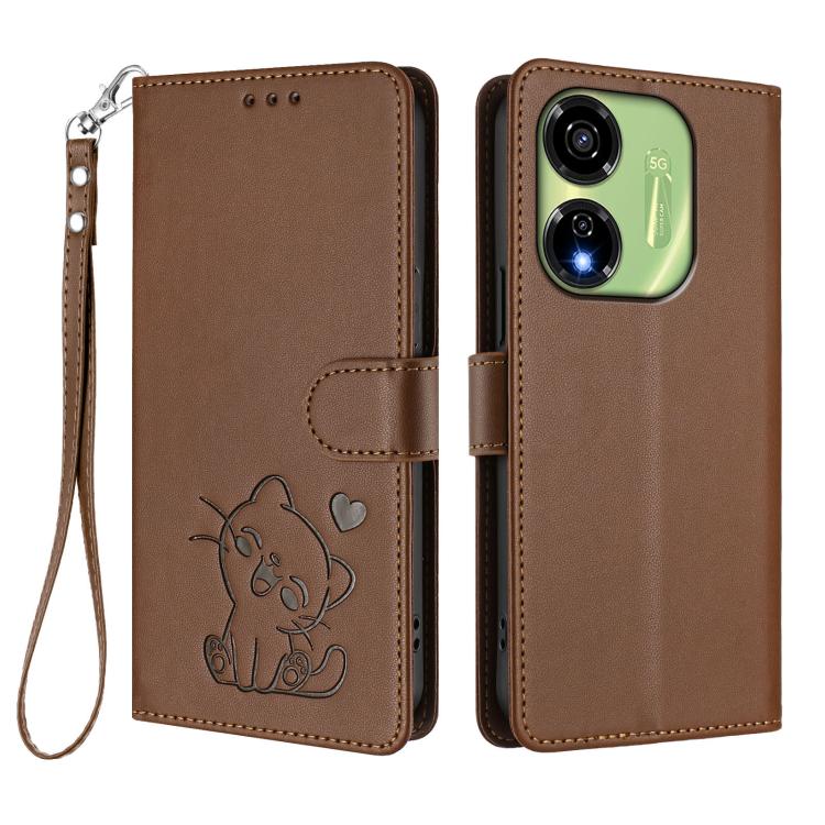 For Itel P55 5G Embossed Heart Cat Leather Phone Case with Hand Strap