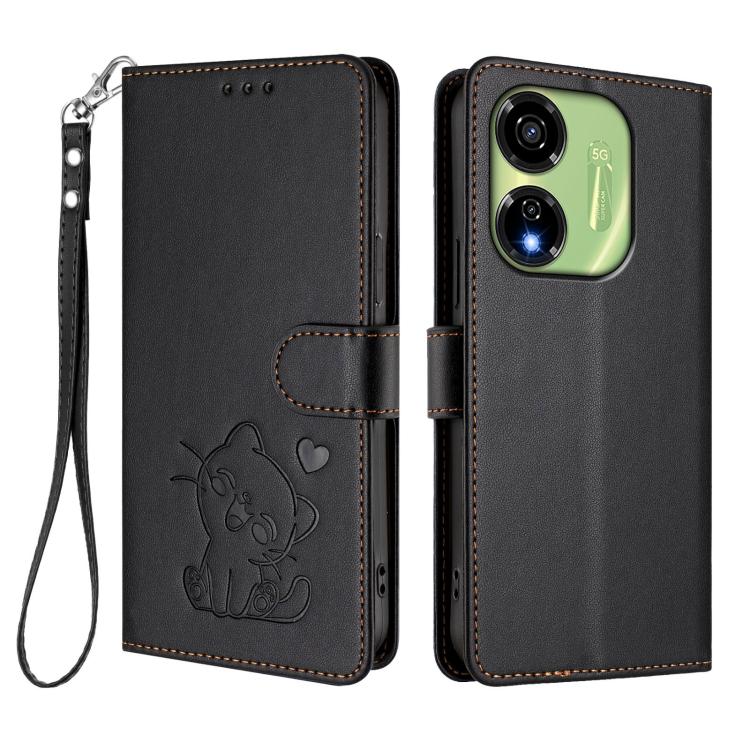 For Itel P55 5G Embossed Heart Cat Leather Phone Case with Hand Strap