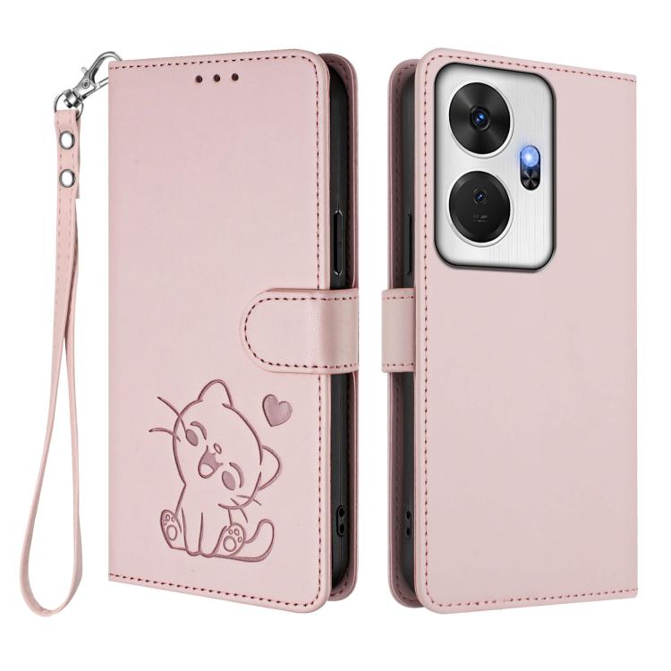 For Itel P55+ Embossed Heart Cat Leather Phone Case with Hand Strap