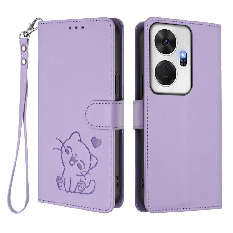 For Itel P55+ Embossed Heart Cat Leather Phone Case with Hand Strap