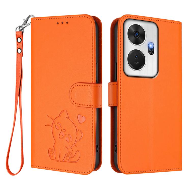 For Itel P55+ Embossed Heart Cat Leather Phone Case with Hand Strap