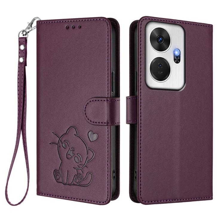 For Itel P55+ Embossed Heart Cat Leather Phone Case with Hand Strap