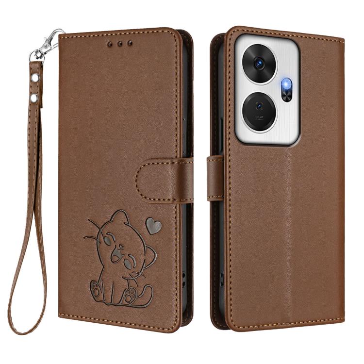 For Itel P55+ Embossed Heart Cat Leather Phone Case with Hand Strap