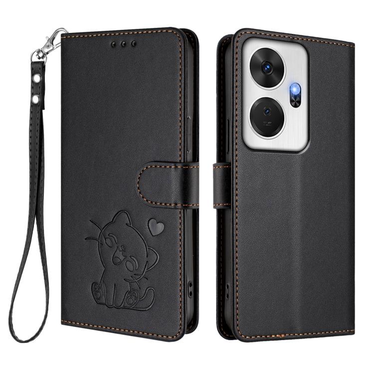 For Itel P55+ Embossed Heart Cat Leather Phone Case with Hand Strap