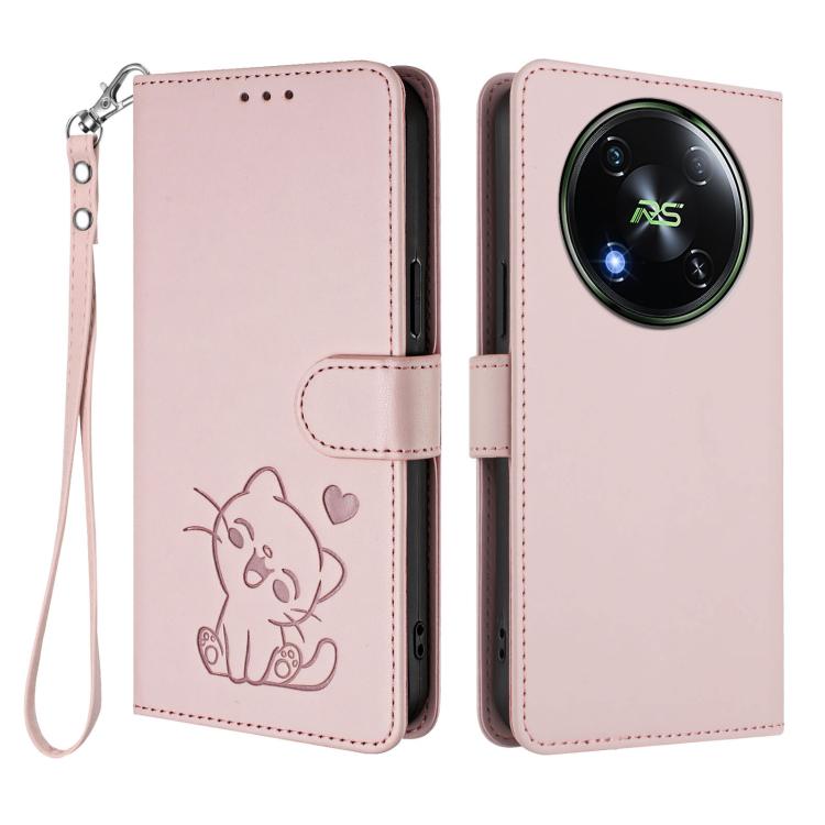 For Itel RS4 / S666LN Embossed Heart Cat Leather Phone Case with Hand Strap