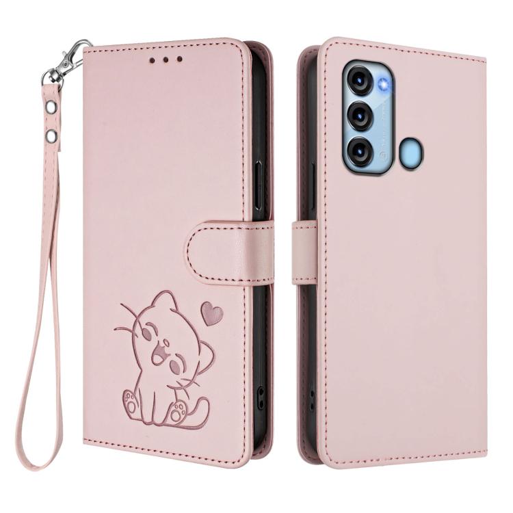 For Itel S17 / S661W / Vision 3 Embossed Heart Cat Leather Phone Case with Hand Strap