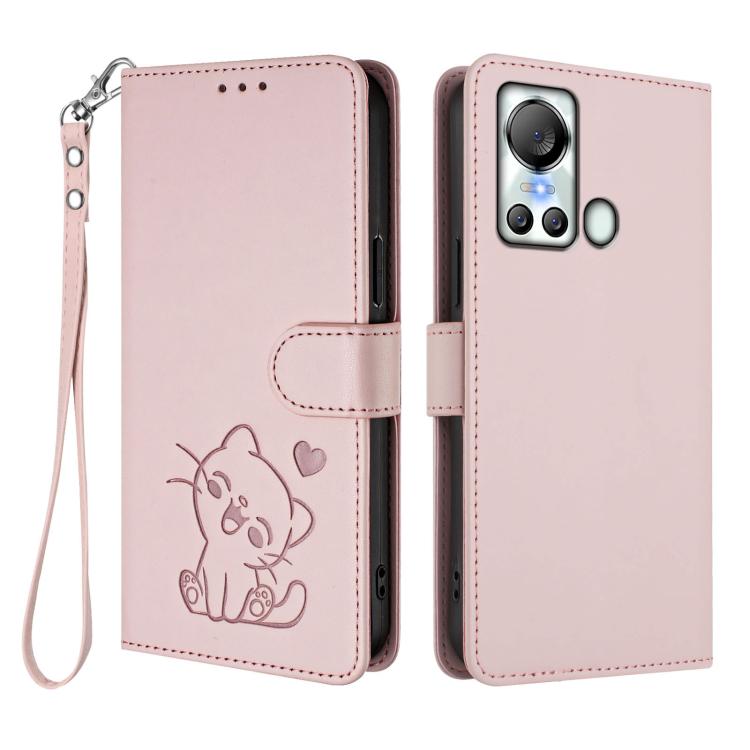 For Itel S18 / Vision 5 Embossed Heart Cat Leather Phone Case with Hand Strap