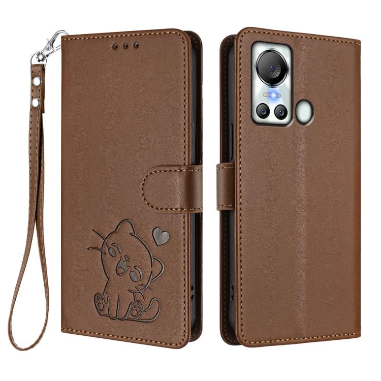 For Itel S18 / Vision 5 Embossed Heart Cat Leather Phone Case with Hand Strap