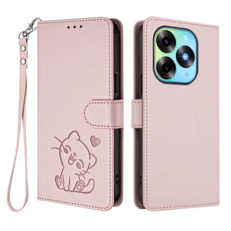 For Itel S23+ Embossed Heart Cat Leather Phone Case with Hand Strap