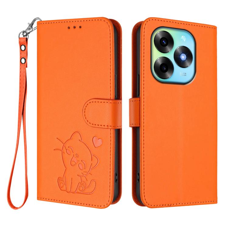 For Itel S23+ Embossed Heart Cat Leather Phone Case with Hand Strap