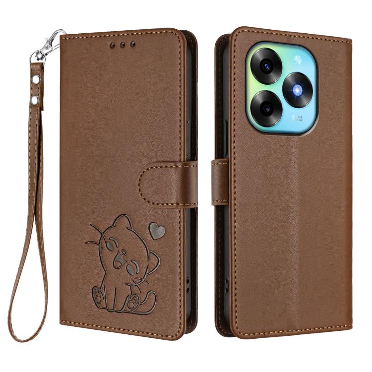 For Itel S23+ Embossed Heart Cat Leather Phone Case with Hand Strap