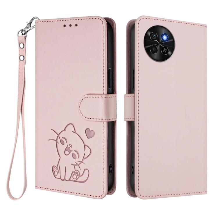 For Itel S23 / S665L Embossed Heart Cat Leather Phone Case with Hand Strap