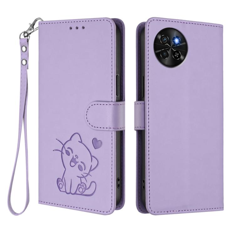 For Itel S23 / S665L Embossed Heart Cat Leather Phone Case with Hand Strap