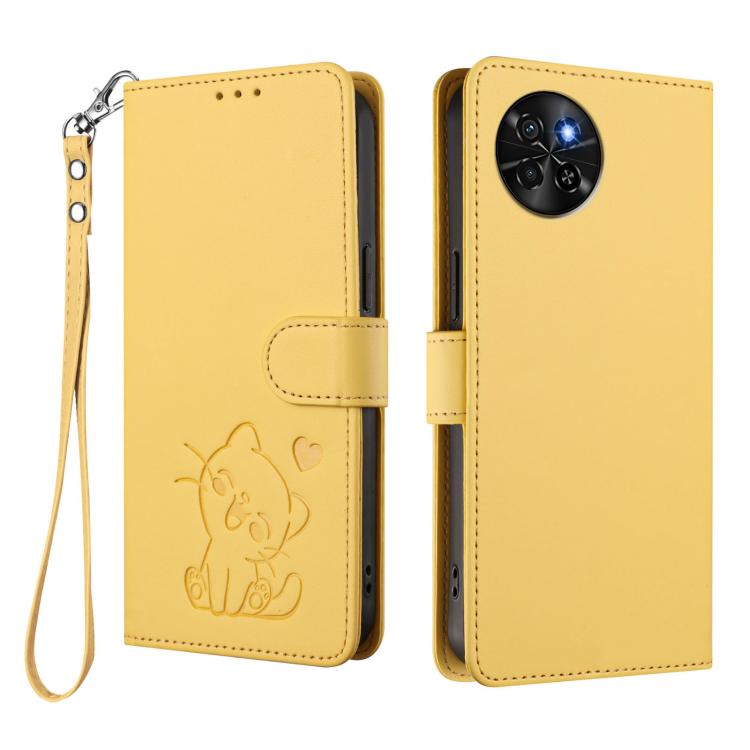 For Itel S23 / S665L Embossed Heart Cat Leather Phone Case with Hand Strap
