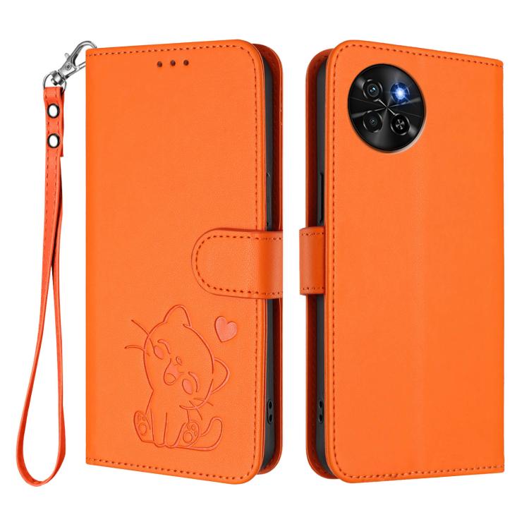 For Itel S23 / S665L Embossed Heart Cat Leather Phone Case with Hand Strap