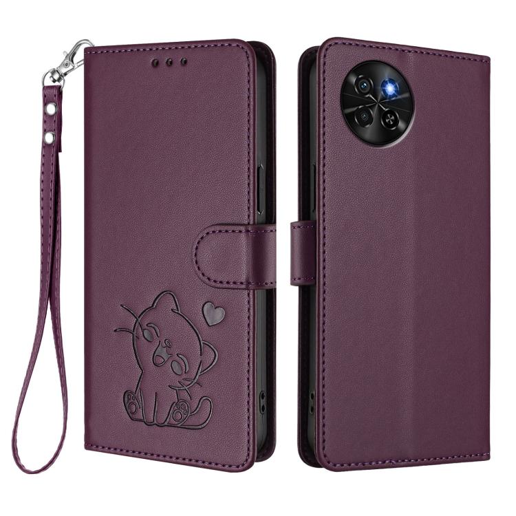 For Itel S23 / S665L Embossed Heart Cat Leather Phone Case with Hand Strap
