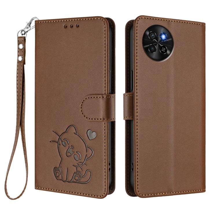 For Itel S23 / S665L Embossed Heart Cat Leather Phone Case with Hand Strap