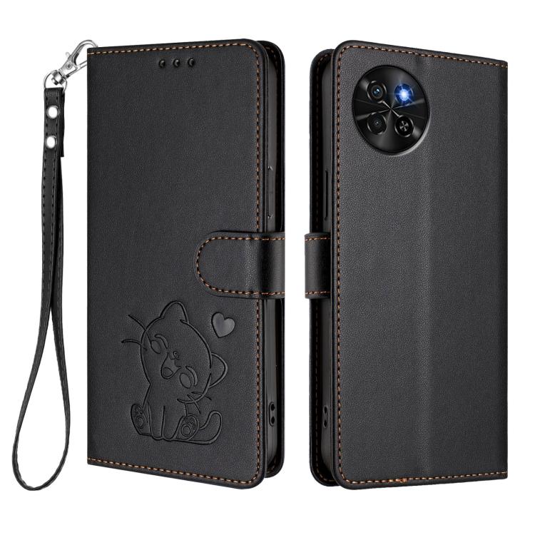 For Itel S23 / S665L Embossed Heart Cat Leather Phone Case with Hand Strap