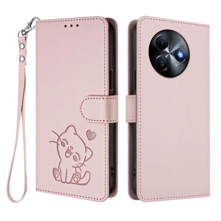 For Itel S24 Embossed Heart Cat Leather Phone Case with Hand Strap
