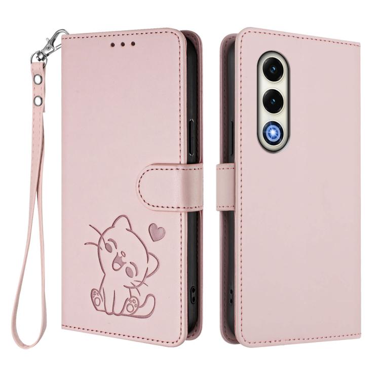 For Itel S25 4G Embossed Heart Cat Leather Phone Case with Hand Strap