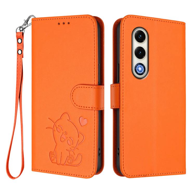 For Itel S25 4G Embossed Heart Cat Leather Phone Case with Hand Strap