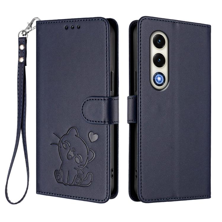 For Itel S25 4G Embossed Heart Cat Leather Phone Case with Hand Strap