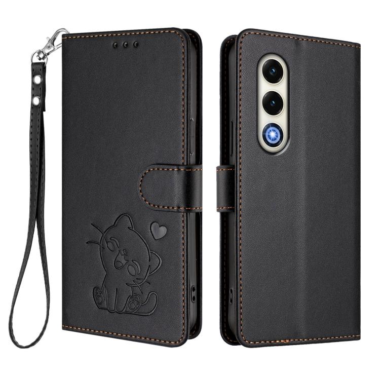 For Itel S25 4G Embossed Heart Cat Leather Phone Case with Hand Strap