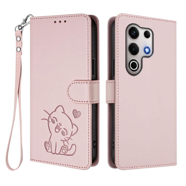 For Itel S25 Ultra 4G Embossed Heart Cat Leather Phone Case with Hand Strap
