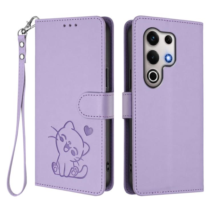 For Itel S25 Ultra 4G Embossed Heart Cat Leather Phone Case with Hand Strap