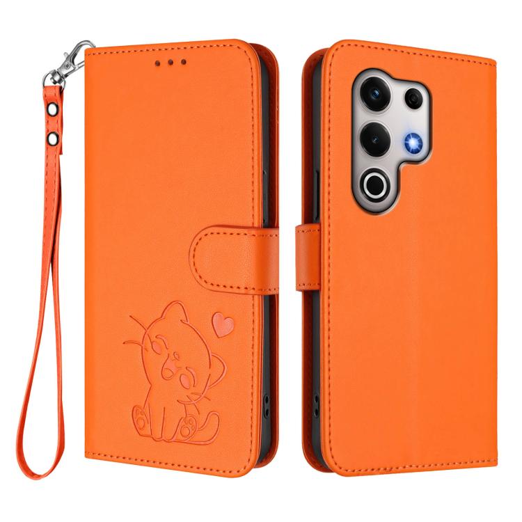 For Itel S25 Ultra 4G Embossed Heart Cat Leather Phone Case with Hand Strap
