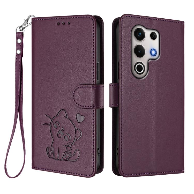 For Itel S25 Ultra 4G Embossed Heart Cat Leather Phone Case with Hand Strap
