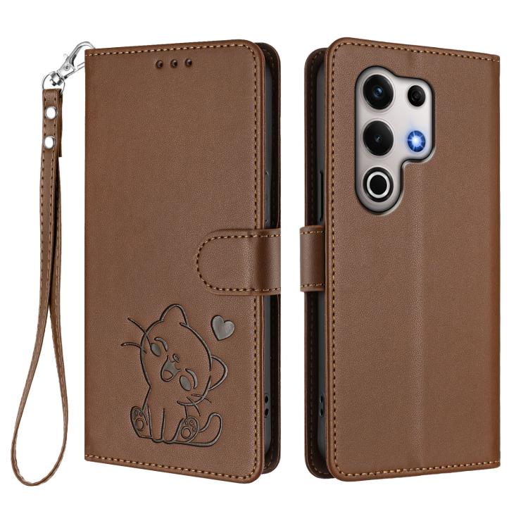 For Itel S25 Ultra 4G Embossed Heart Cat Leather Phone Case with Hand Strap