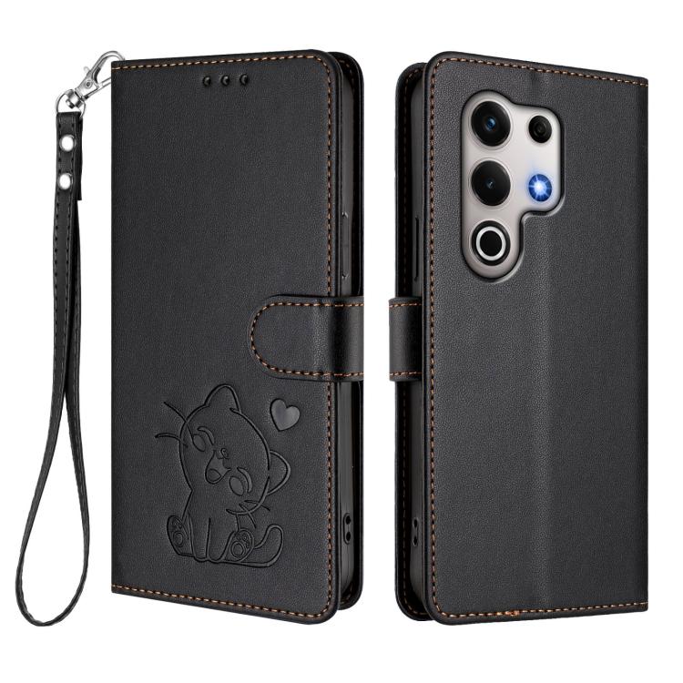 For Itel S25 Ultra 4G Embossed Heart Cat Leather Phone Case with Hand Strap