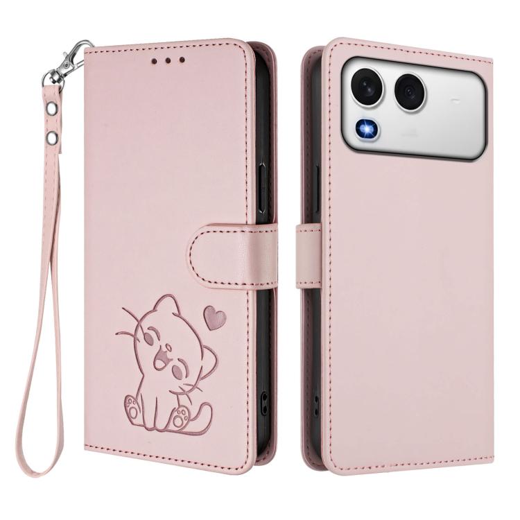 For Itel A200 4G / A200+ 4G Embossed Heart Cat Leather Phone Case with Hand Strap
