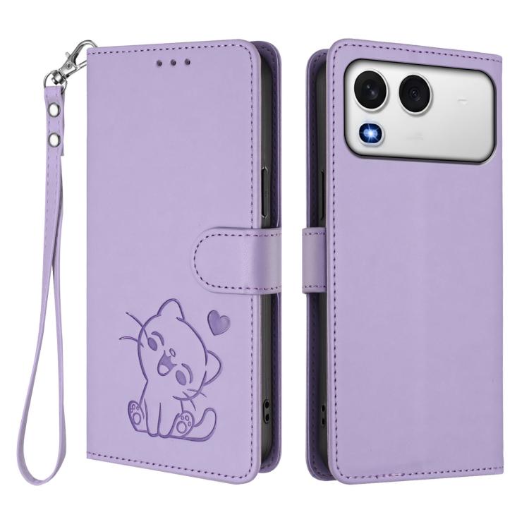 For Itel A200 4G / A200+ 4G Embossed Heart Cat Leather Phone Case with Hand Strap