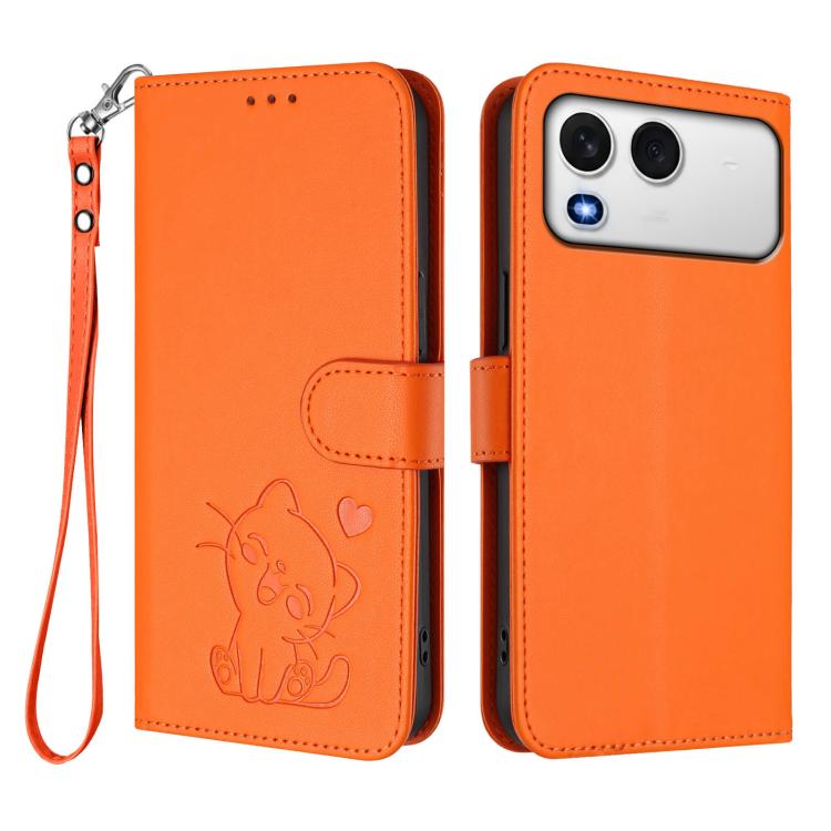 For Itel A200 4G / A200+ 4G Embossed Heart Cat Leather Phone Case with Hand Strap