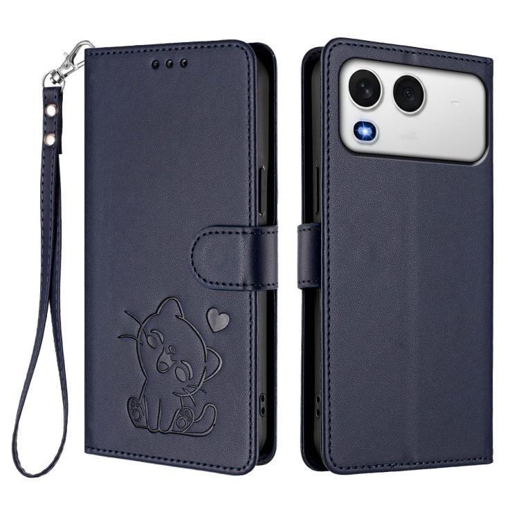 For Itel A200 4G / A200+ 4G Embossed Heart Cat Leather Phone Case with Hand Strap