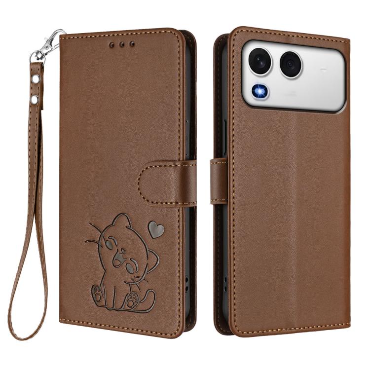 For Itel A200 4G / A200+ 4G Embossed Heart Cat Leather Phone Case with Hand Strap