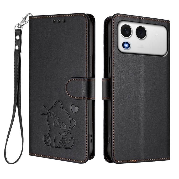 For Itel A200 4G / A200+ 4G Embossed Heart Cat Leather Phone Case with Hand Strap