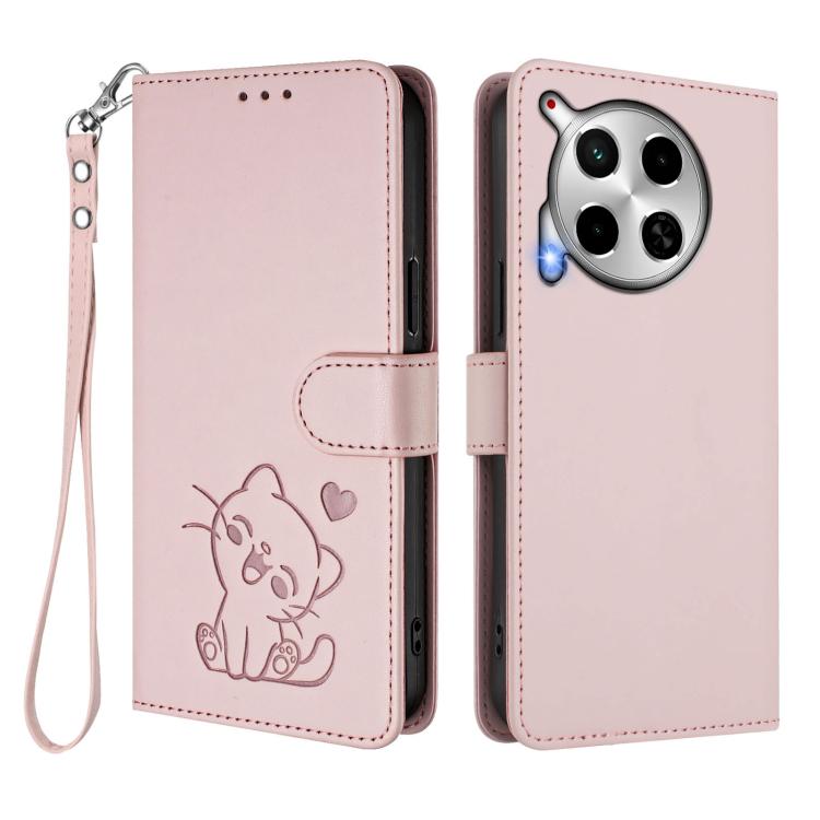 For Tecno Camon 30 4G / 5G Embossed Heart Cat Leather Phone Case with Hand Strap