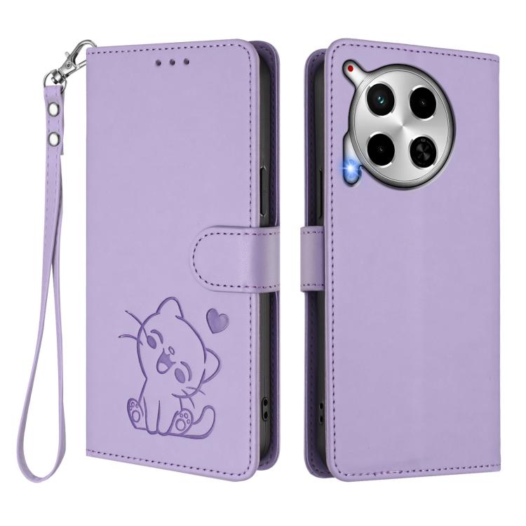 For Tecno Camon 30 4G / 5G Embossed Heart Cat Leather Phone Case with Hand Strap