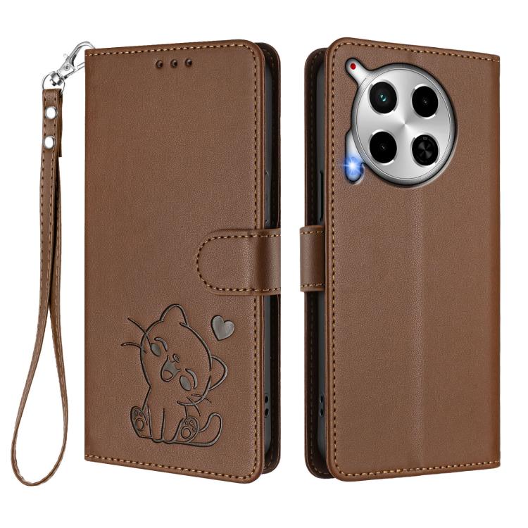 For Tecno Camon 30 4G / 5G Embossed Heart Cat Leather Phone Case with Hand Strap